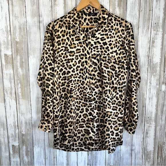 Zara Tops - Zara Leopard Print Satin Button Down Blouse Long Sleeve Pocket Top Size S